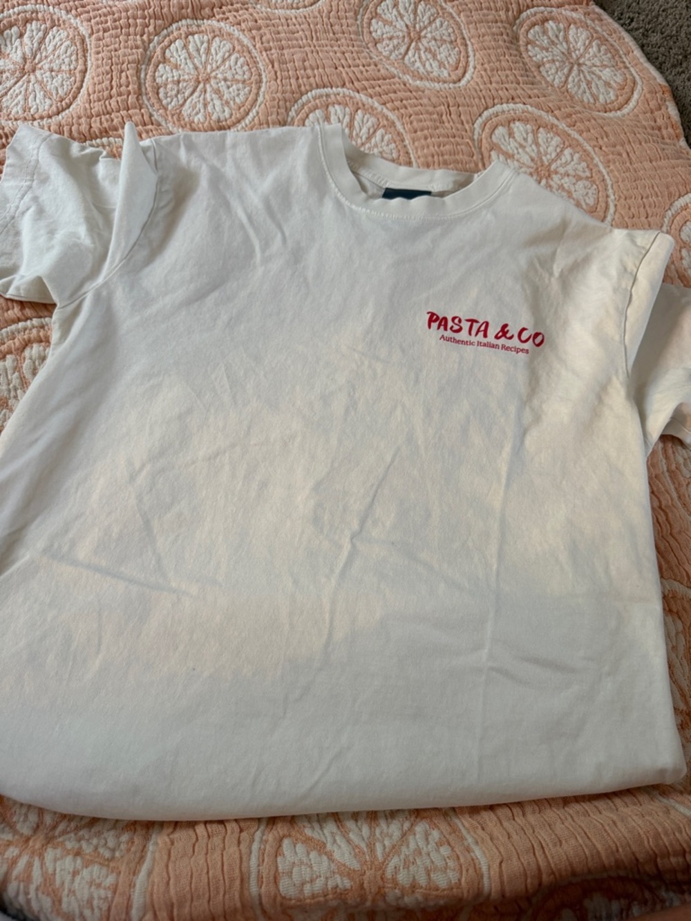 H&M White Short Sleeve Tee with Small Red 'PASTA & CO' Chest Logo